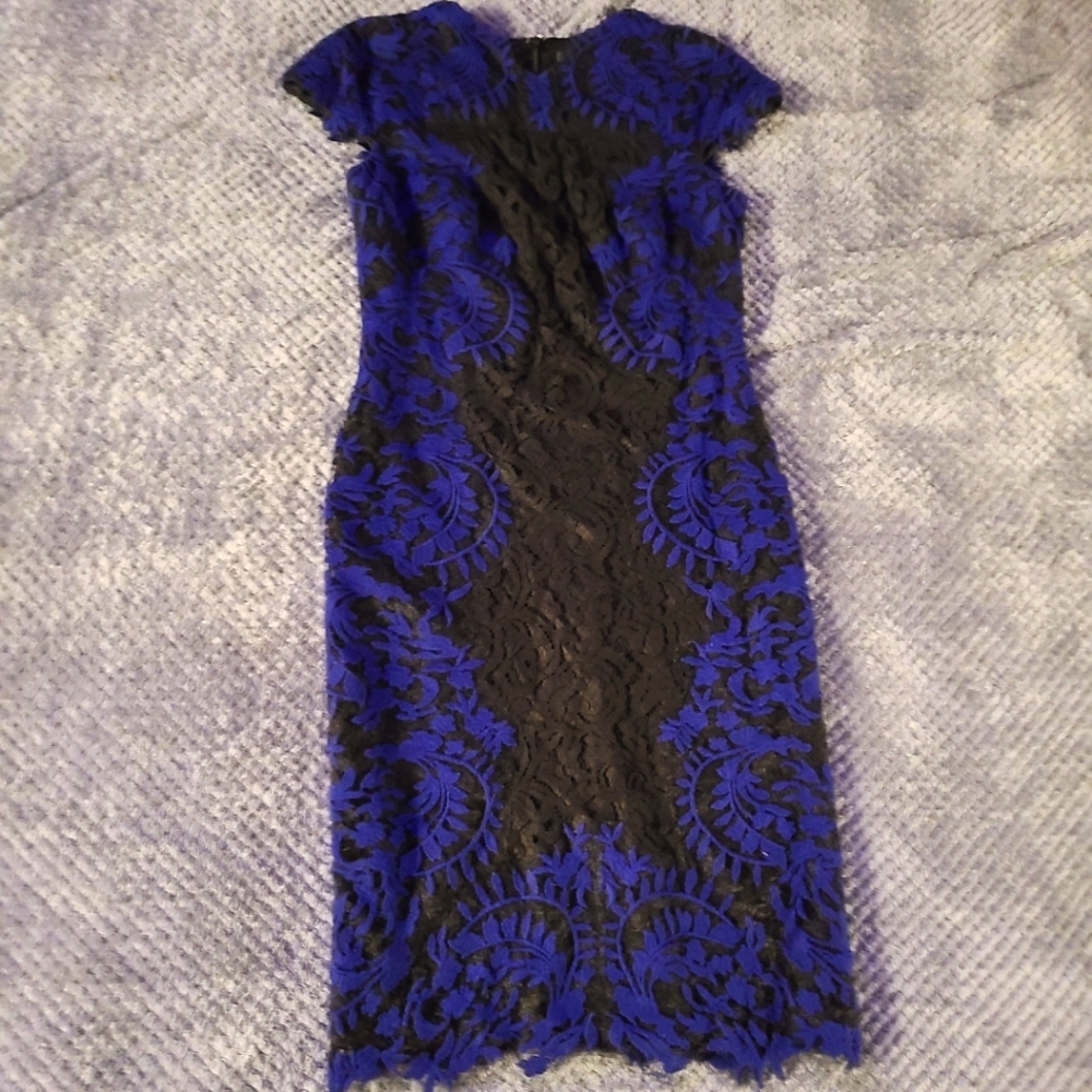 Tadashi Shoji Black and Royal Blue Lace Sheath Dress